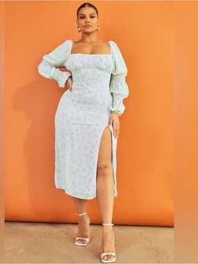 PrettyLittleThing Plus Size Dusty Blue Floral Midi Dress with Puff Sleeves